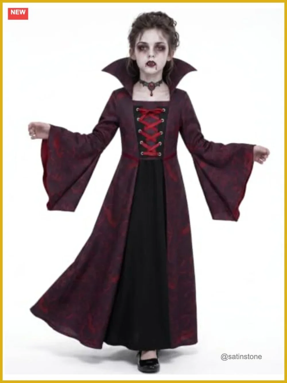 Kids Gothic Victorian Vampiress Dress Costume Set with Fangs, Staff & Choker